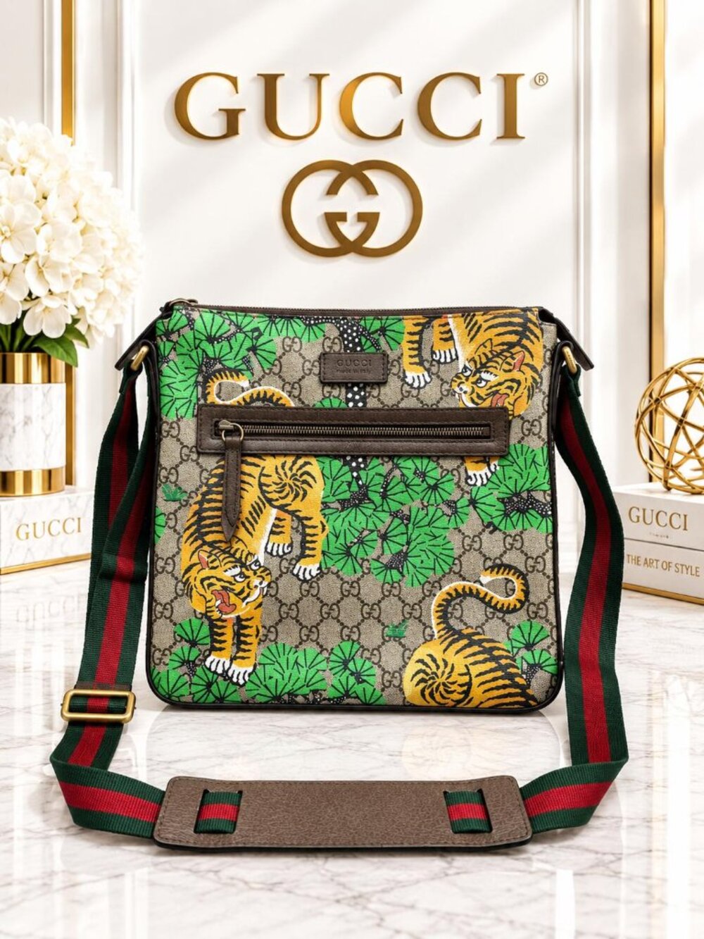 Authentic Gucci Bengal GG Supreme Tiger Print Messenger Crossbody Bag Web Strap